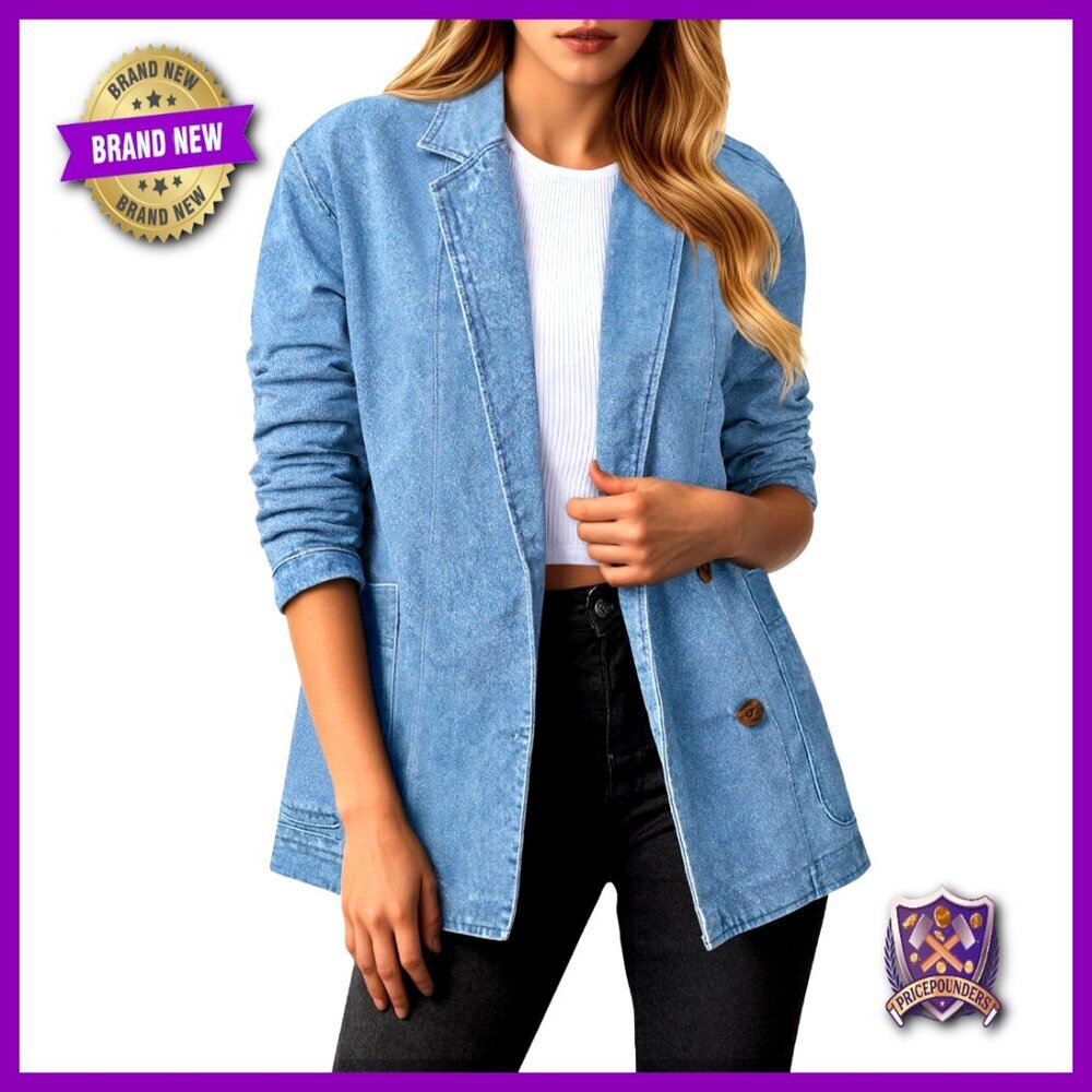 Oversized Denim Jacket Blazer Notched Lapel Chic Casual Work Wear